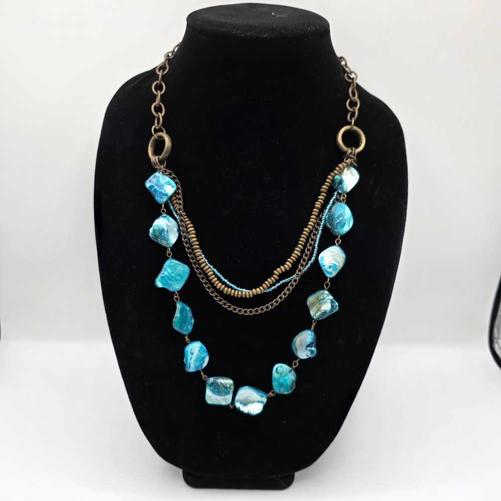 Womens Multi Strand Gold Tone Chain Turquoise‎ Shell Beaded Necklace Boho 28"
